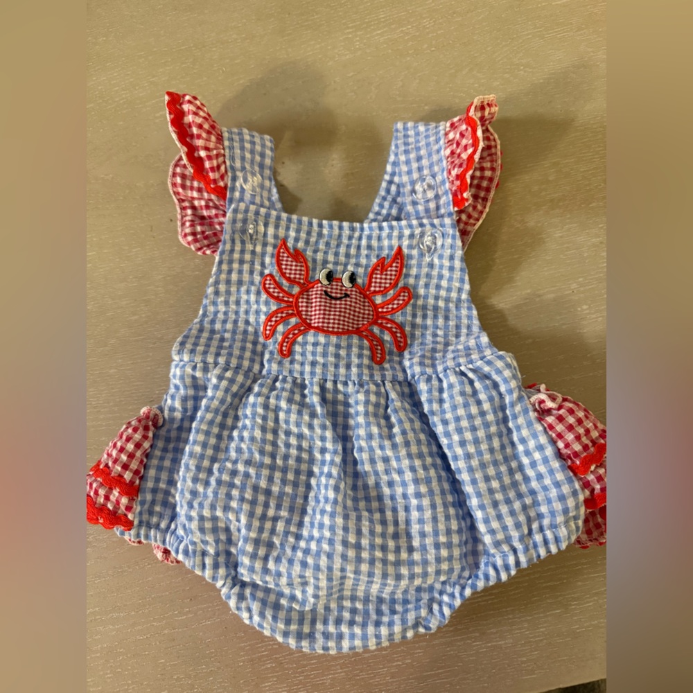Posh Blue and White Gingham Romper with Red Trim